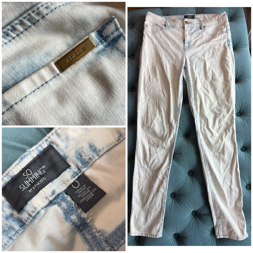 Chicos Jeans Womens 0 US 4 Acid Washed Blue Pants Tall Stretch
